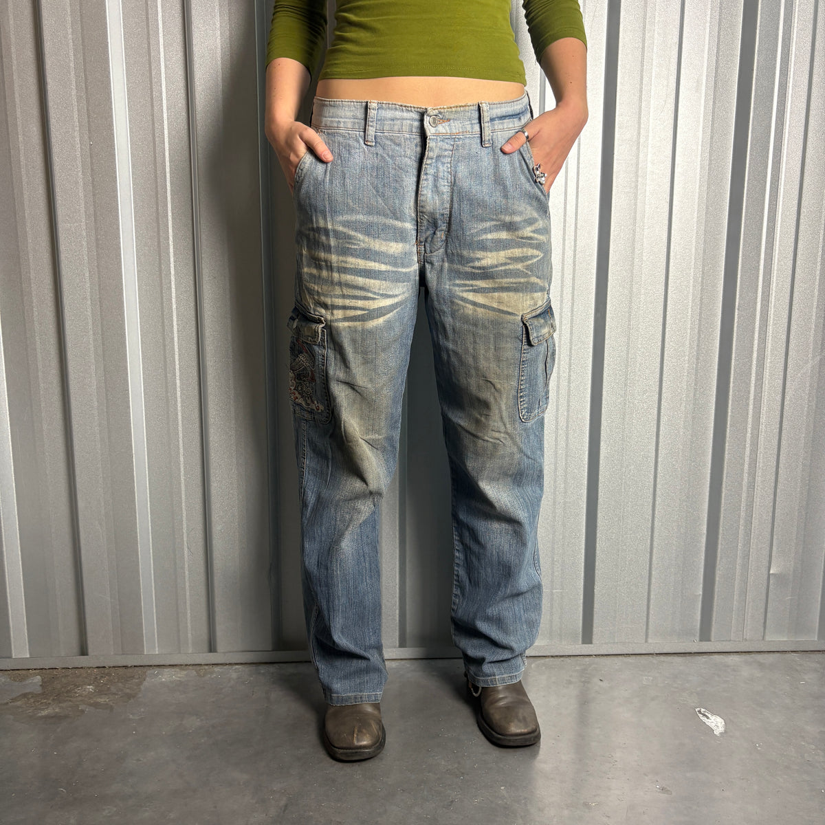 Embroidered Blue Cargo Japanese Denim Hip Hop Y2K Baggy Jeans - 32S