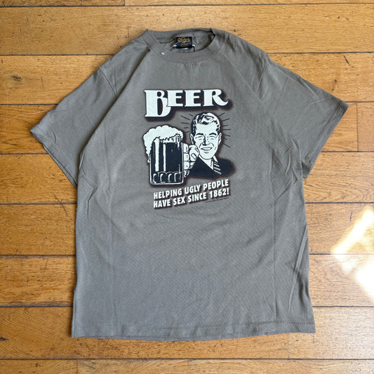 Vintage 1998 Funny Beer Slogan Single Stitch Grey Graphic T-Shirt - M