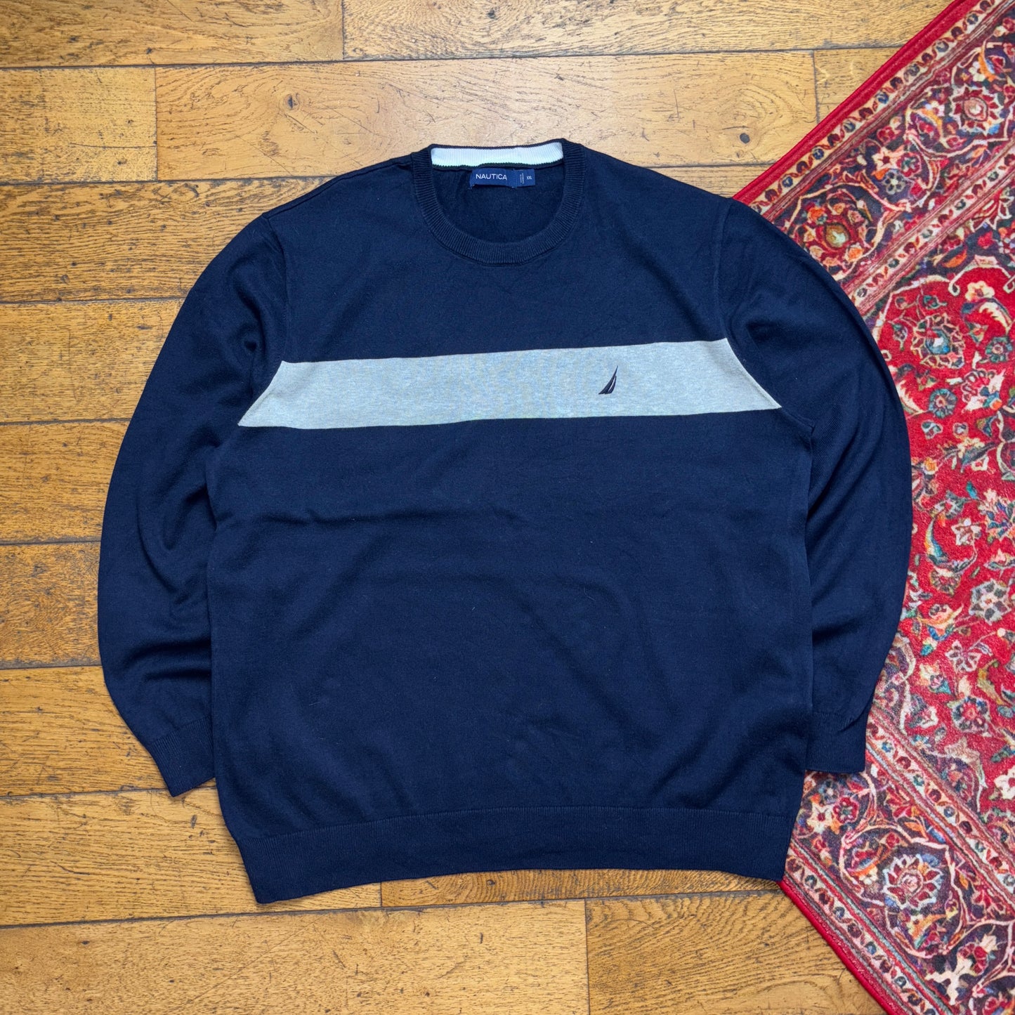 Vintage Nautica Navy Grey Stripe Embroidered Knit Jumper - 2XL