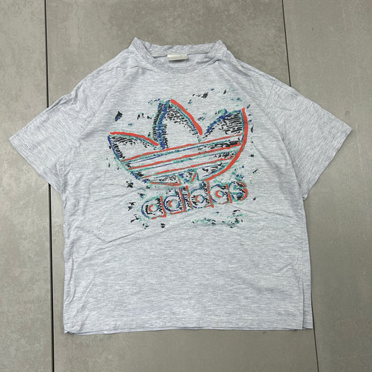 Vintage 80s Adidas Grey Single Stitch Graphic T-Shirt - L