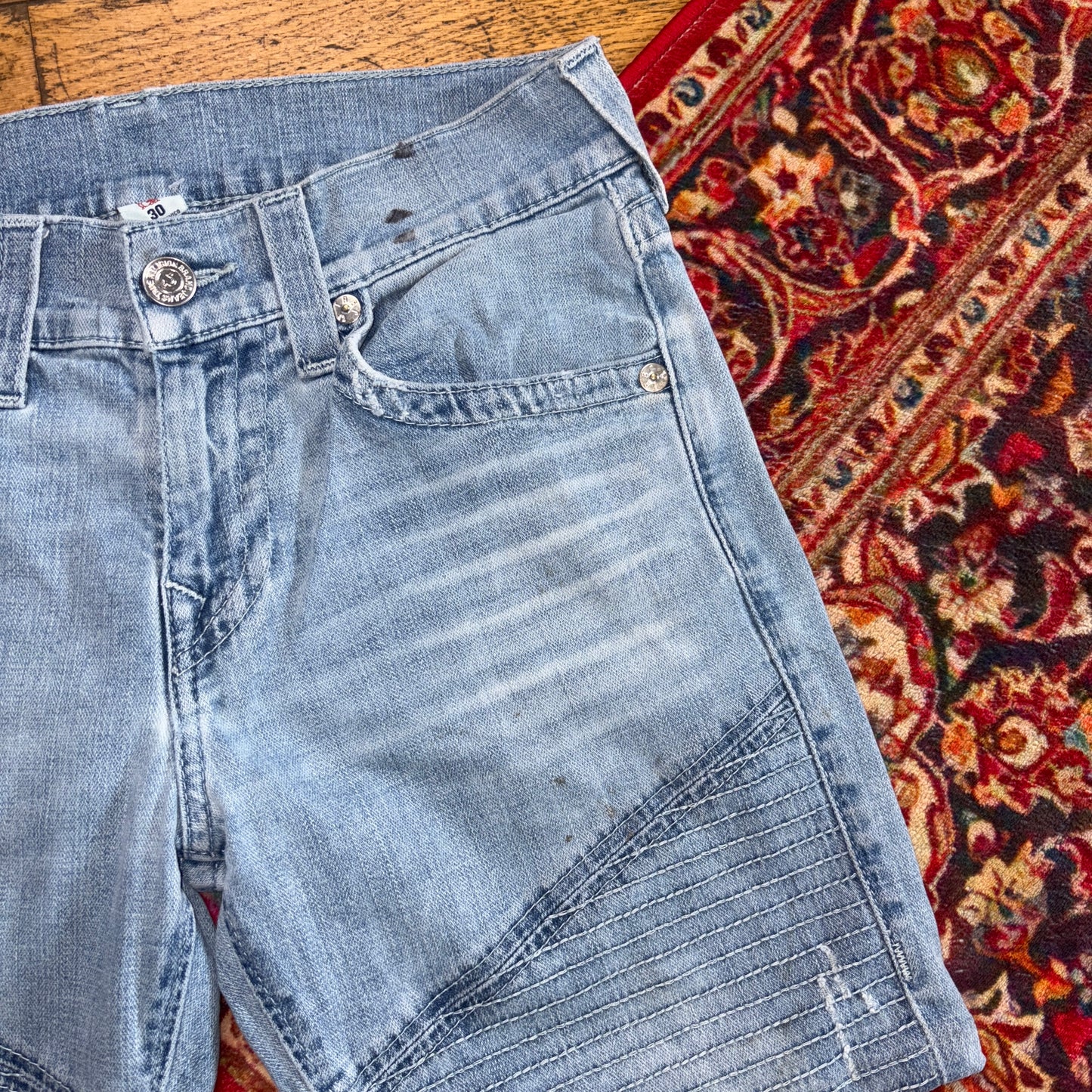 Vintage True Religion Moto Blue Embroidered Y2K Shorts Jorts - 30