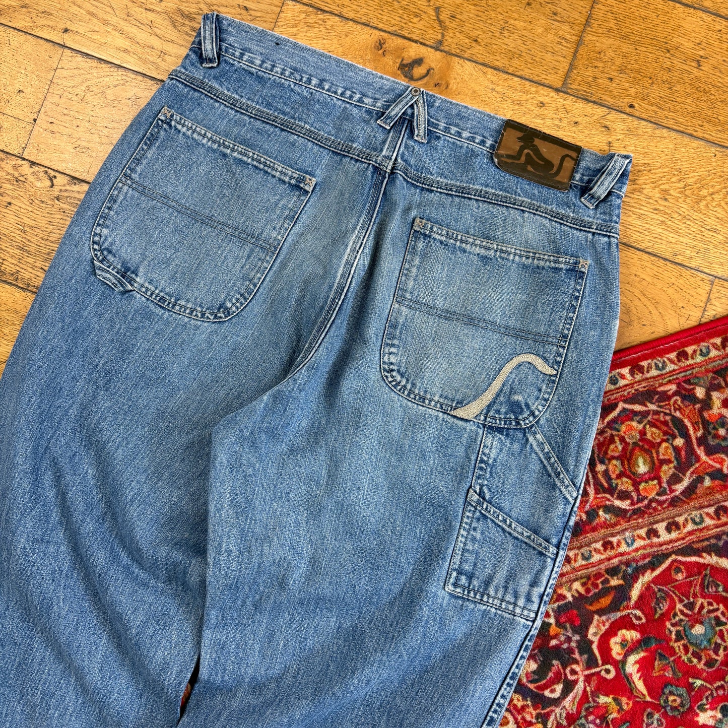 Vintage DrunknMunky Blue Carpenter Embroidered Y2K Hip Hop Baggy Jeans - 36