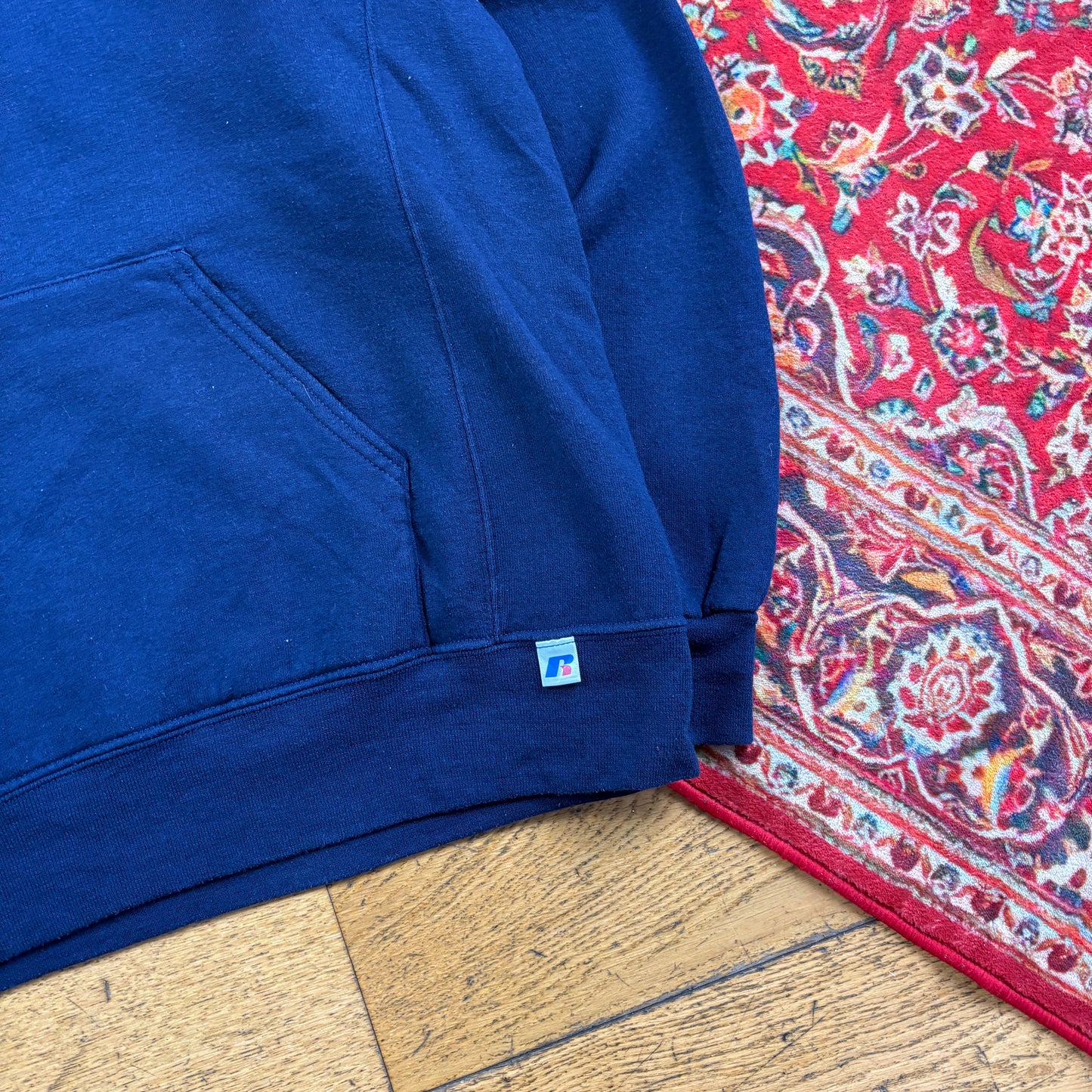 Vintage Russell Athletic Navy Boxy USA College Hoodie Sweatshirt - L