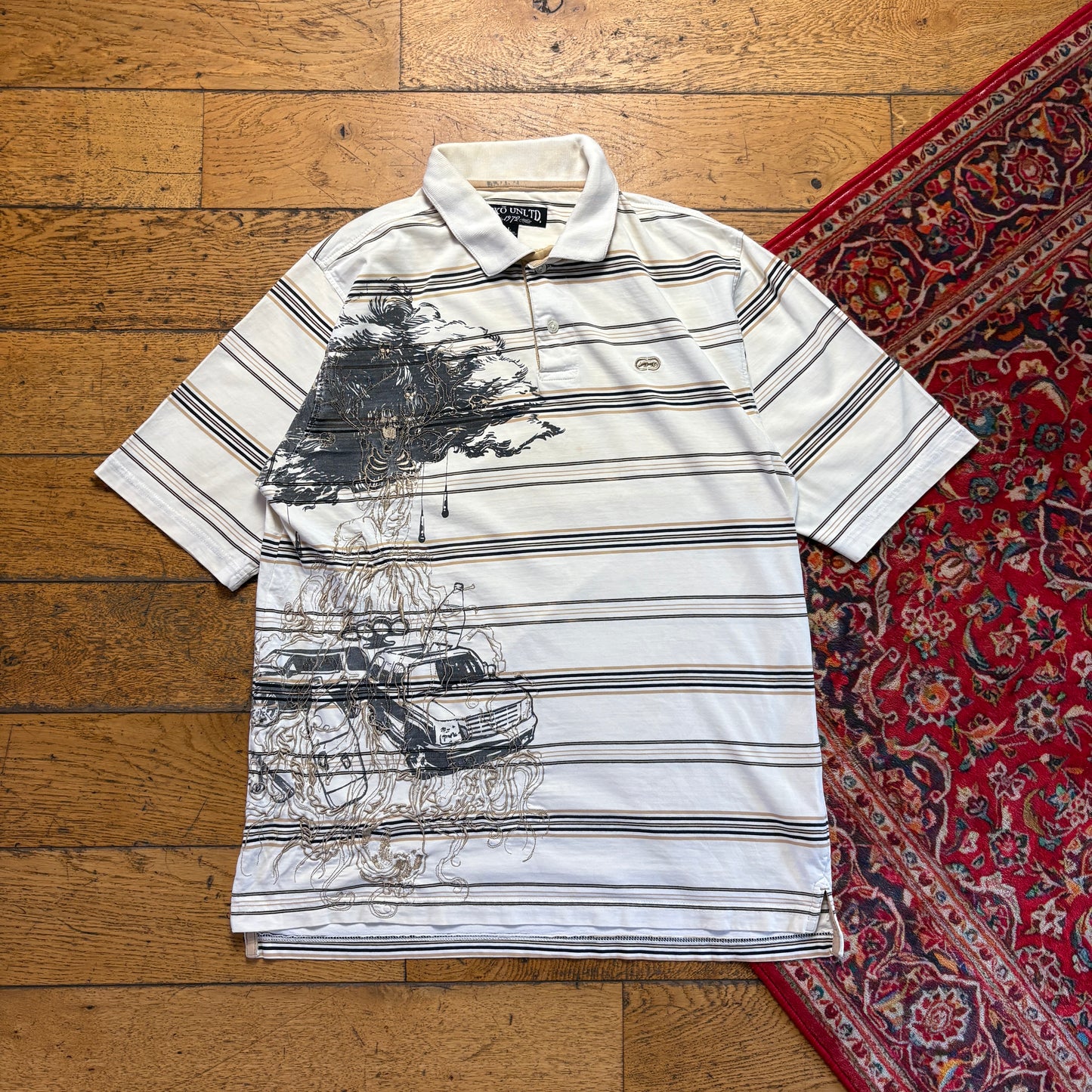 Vintage Ecko Unltd Embroidered Cream Stripe Hip Hop Polo Shirt - S