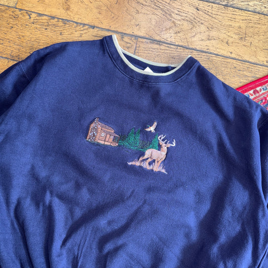 Vintage 90s Navy Hunting Nature Embroidered Sweatshirt - XL