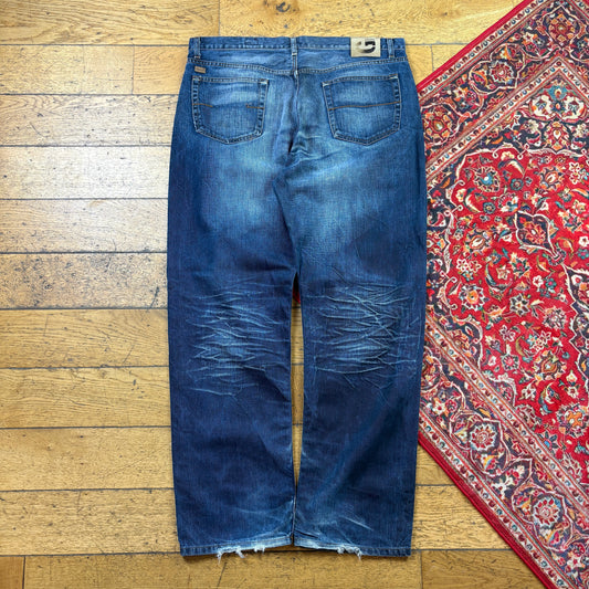 Vintage Blue Embroidered Y2K Hip Hop Baggy Jeans - 40