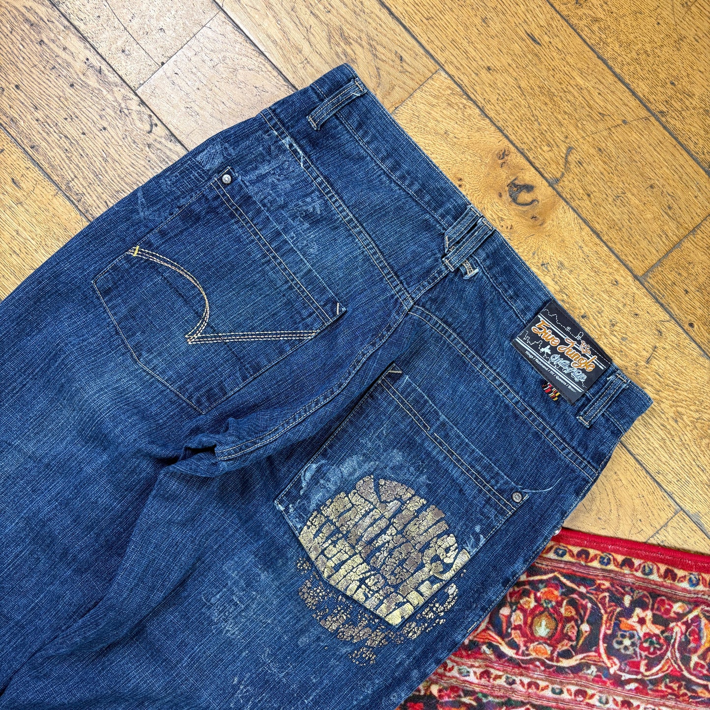 Vintage 5ive Jungle Blue Embroidered Y2K Hip Hop Baggy Jeans - 38