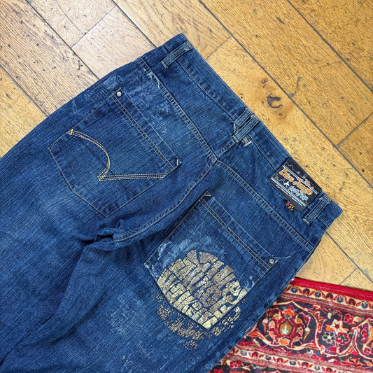 Vintage 5ive Jungle Blue Embroidered Y2K Hip Hop Baggy Jeans - 38