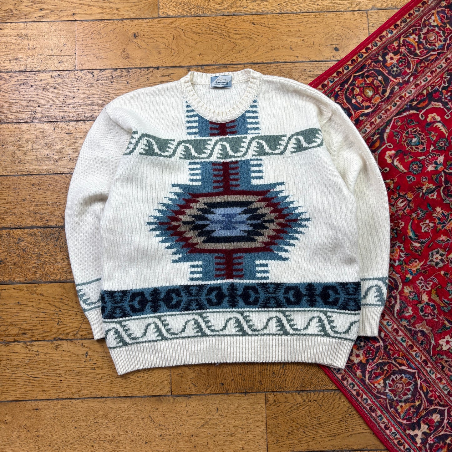 Vintage Cream Pattern Chunky Knit Jumper - L