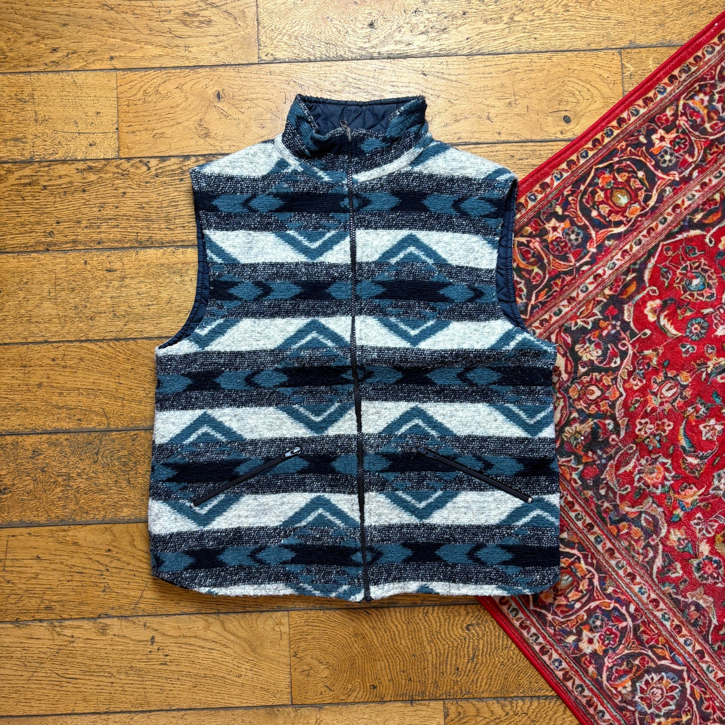 Vintage Pattern Navy Cream Reversible Fleece Gilet Vest - S