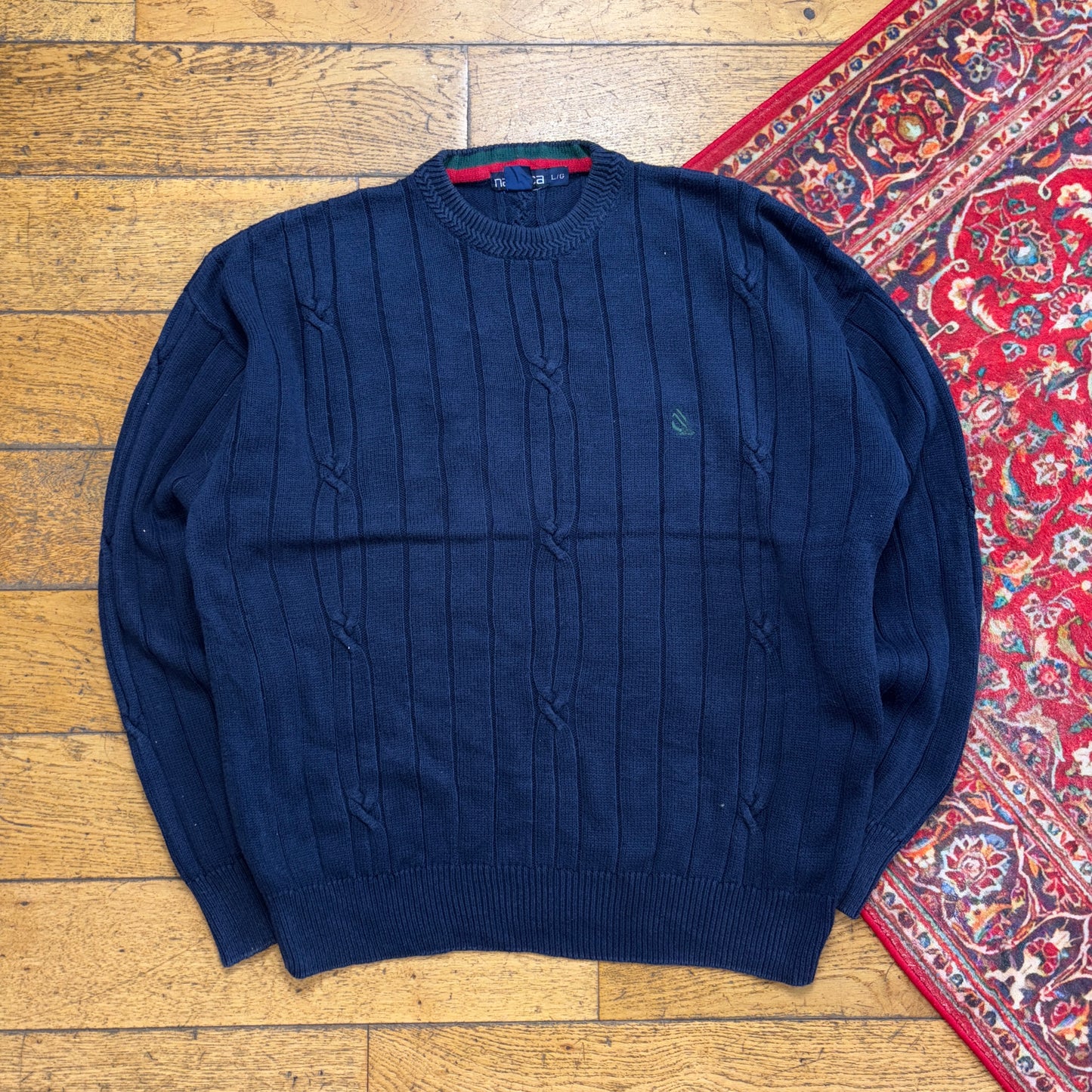 Vintage Nautica Navy Cable Embroidered Knit Jumper - XL