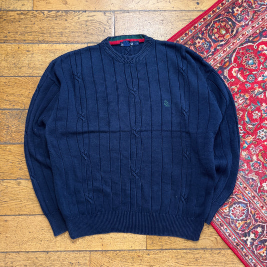 Vintage Nautica Navy Cable Embroidered Knit Jumper - XL