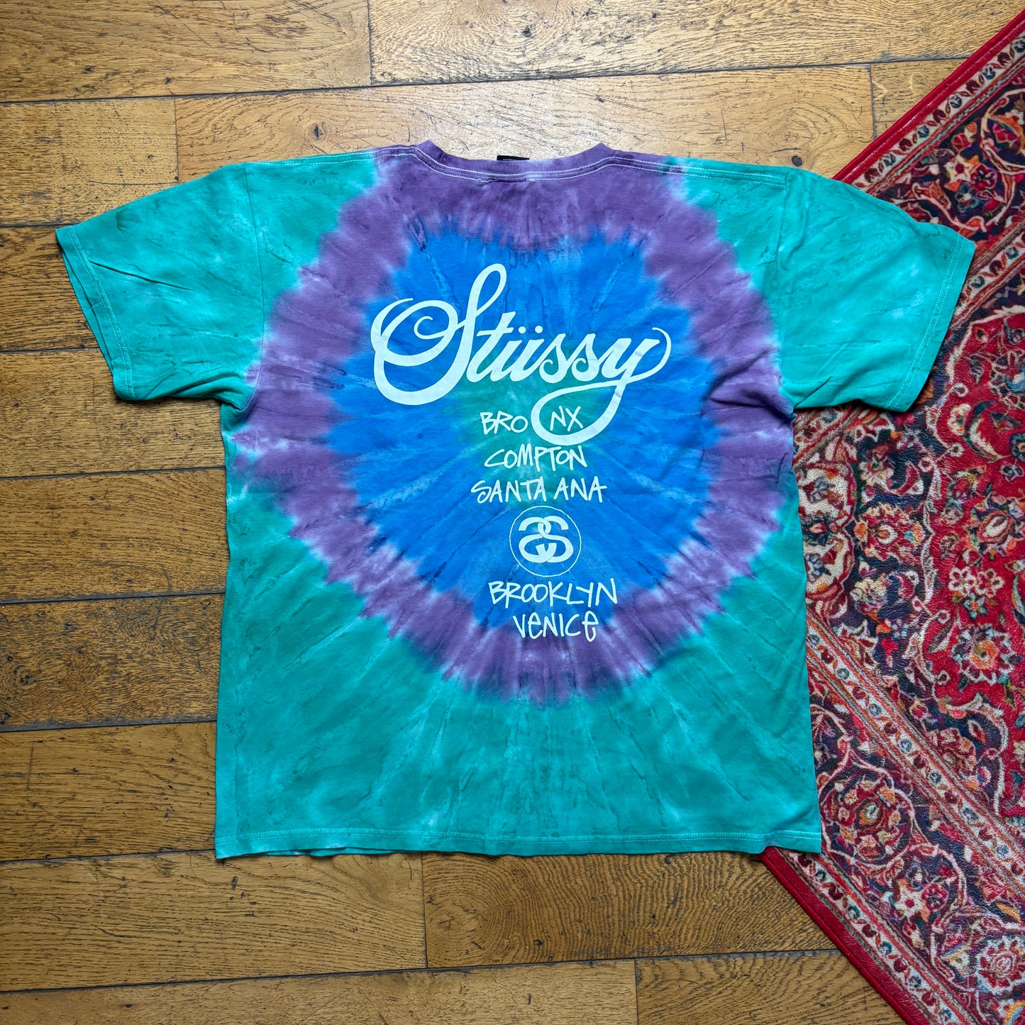 Vintage Stussy Tie Dye Blue Green Graphic T-Shirt - L