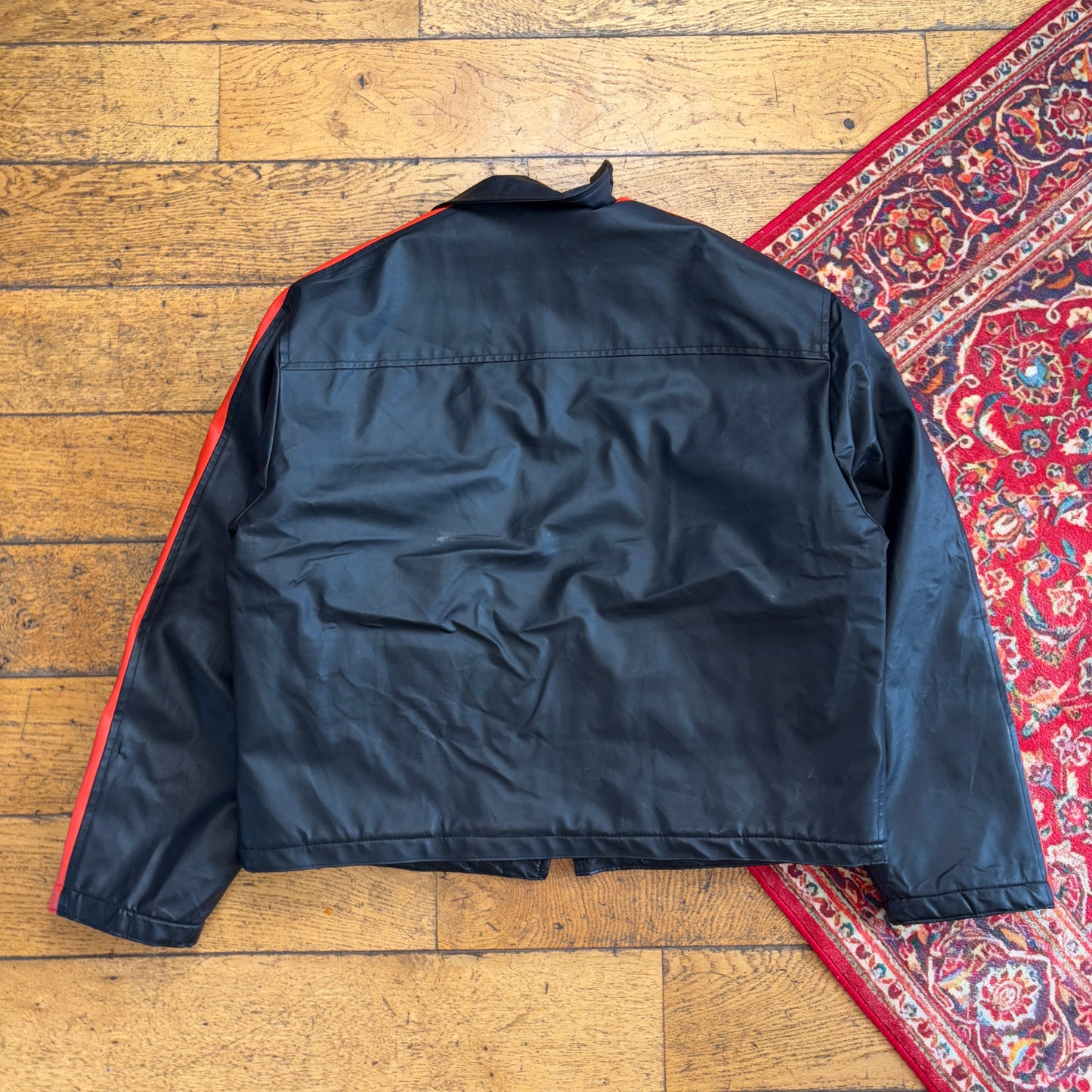 Vintage CDC Black Orange Biker Boxy Cropped Faux Leather Jacket - L