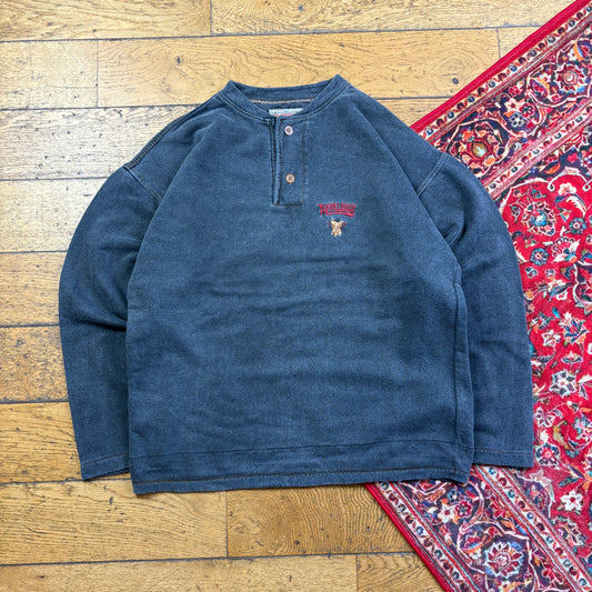 Vintage 90s Grey Raglan Embroidered Button Sweatshirt - M