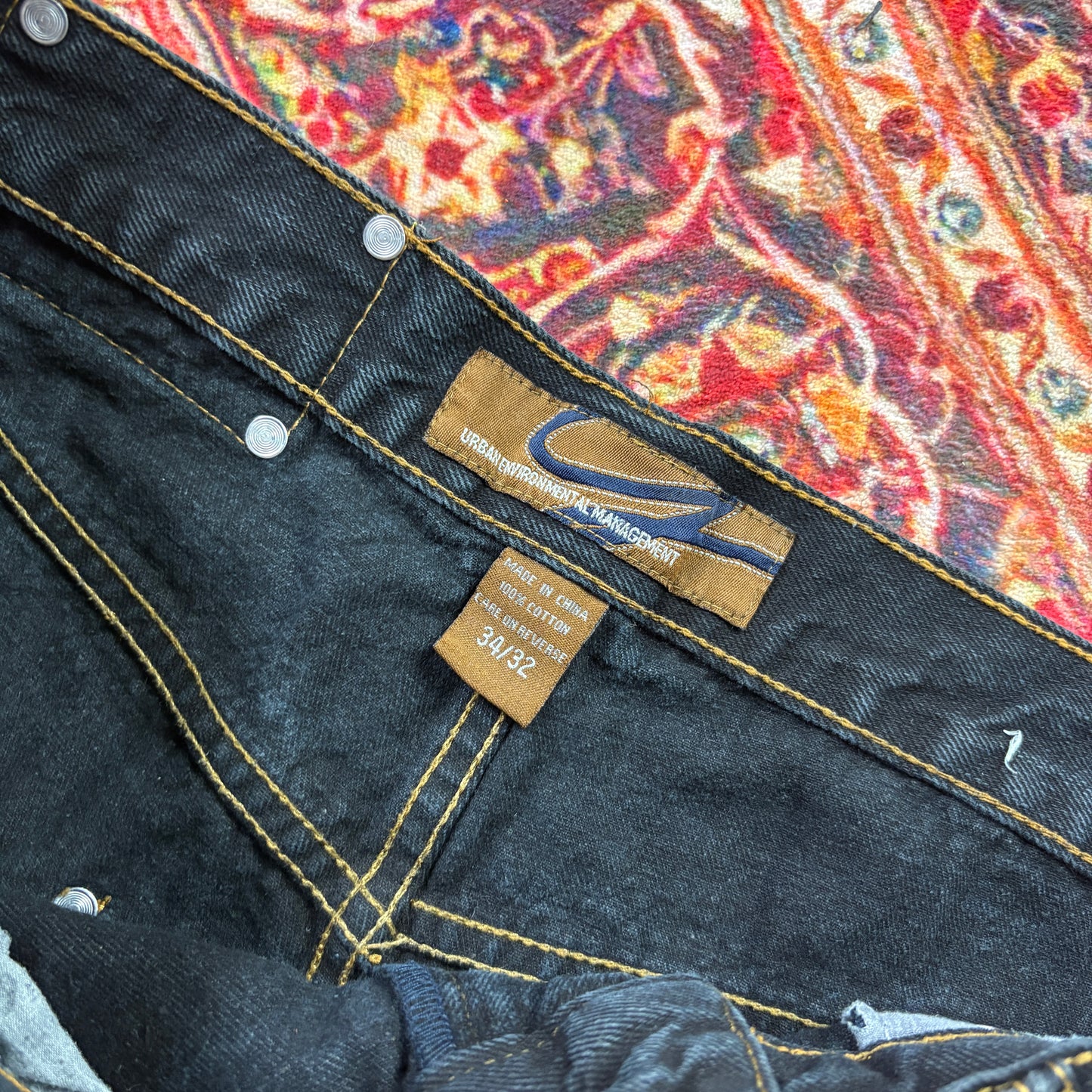 Vintage Black Embroidered Y2K Hip Hop Baggy Jeans - 34