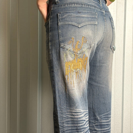 Embroidered Blue Cross Grunge Japanese Denim Hip Hop Y2K Baggy Jeans - 32S