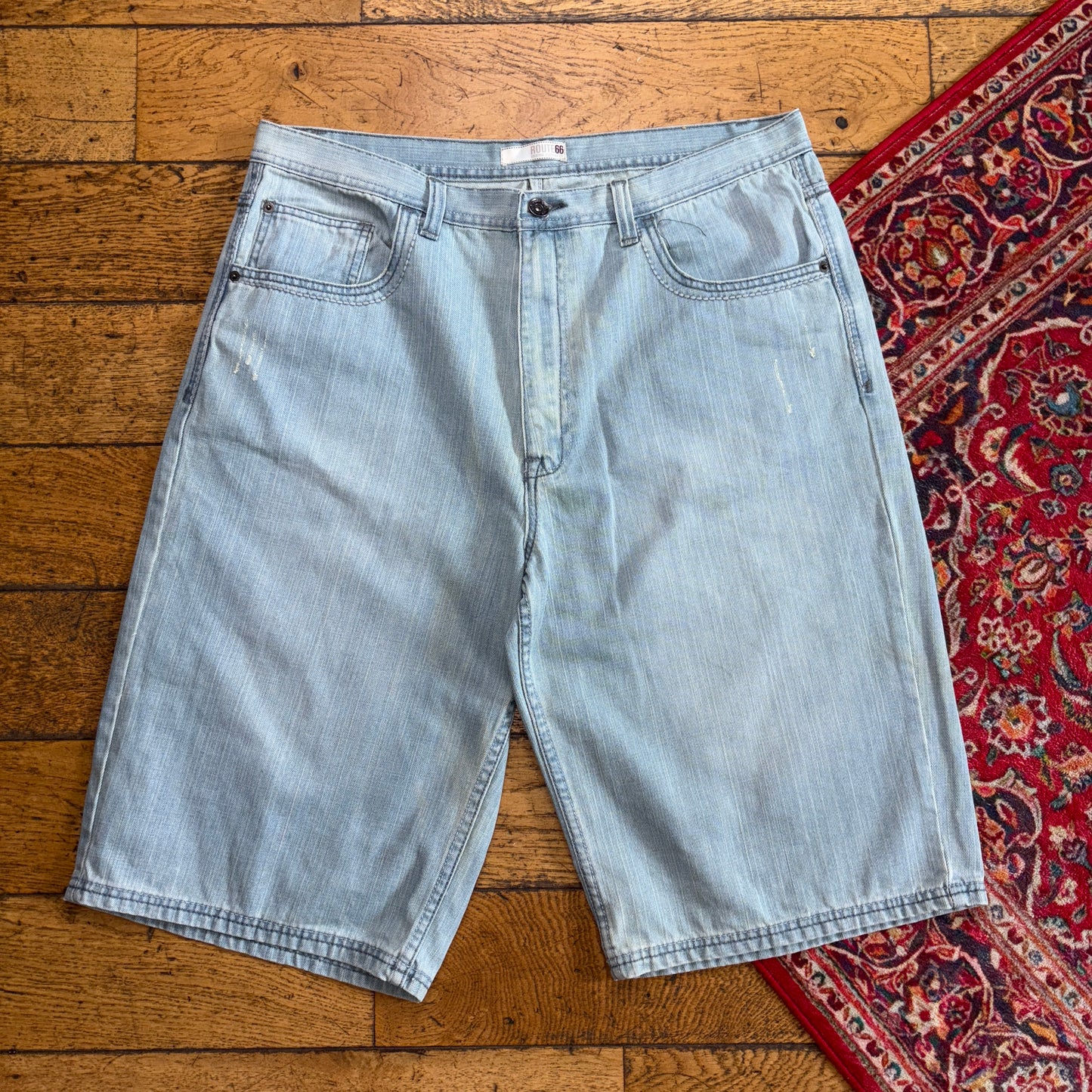 Vintage Route 66 Blue Embroidered Y2K Hip Hop Baggy Jeans Shorts Jorts - 38