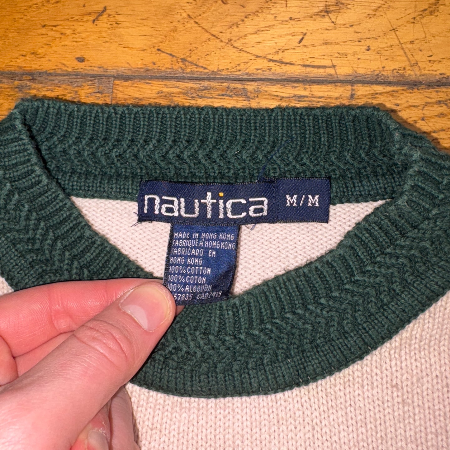 Vintage Nautica Green Pink Stripe Sailing Embroidered Knit Jumper - L