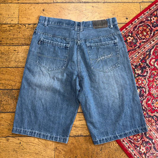 Vintage Joker Blue Embroidered Y2K Hip Hop Baggy Jeans Shorts Jorts - 36