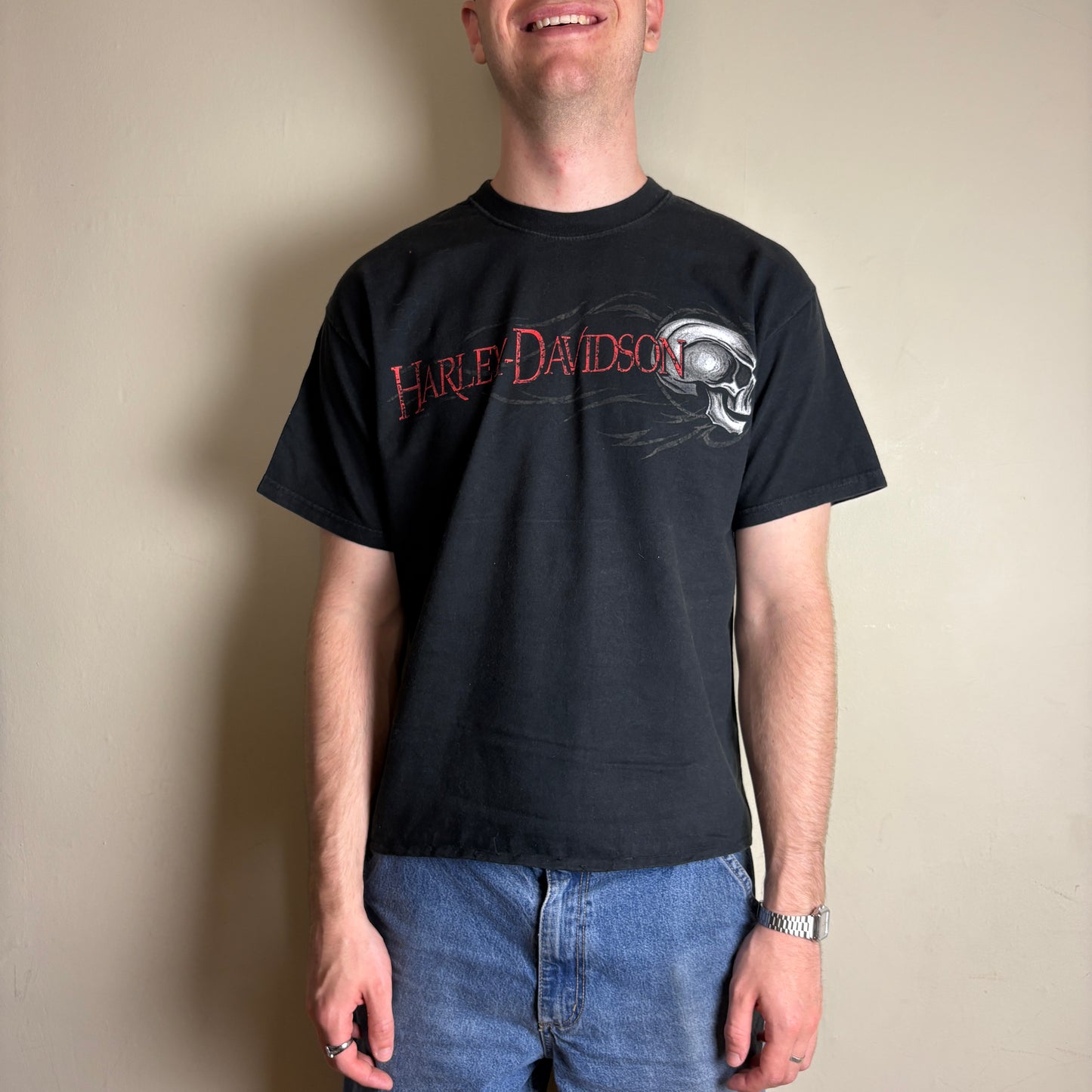 Vintage Harley Davidson Black Skull Poker Boxy Gambling Graphic T-Shirt - S