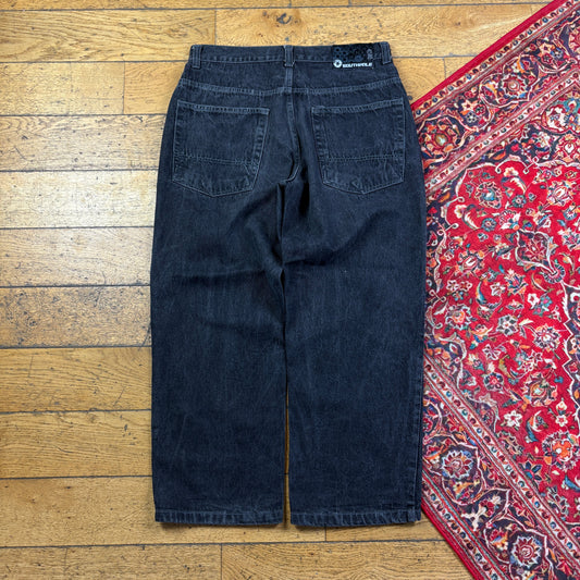 Vintage Southpole Black Embroidered Y2K Hip Hop Baggy Jeans - 36