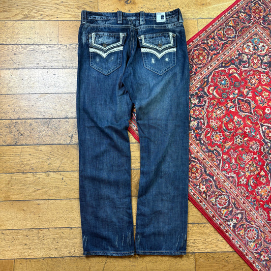 Vintage Blue Embroidered Y2K Hip Hop Straight Jeans - 40