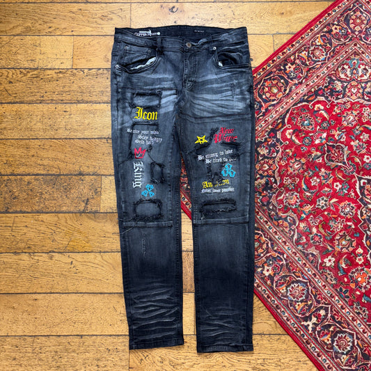 Vintage Grunge Black Embroidered Y2K Hip Hop Slim Jeans - 36R