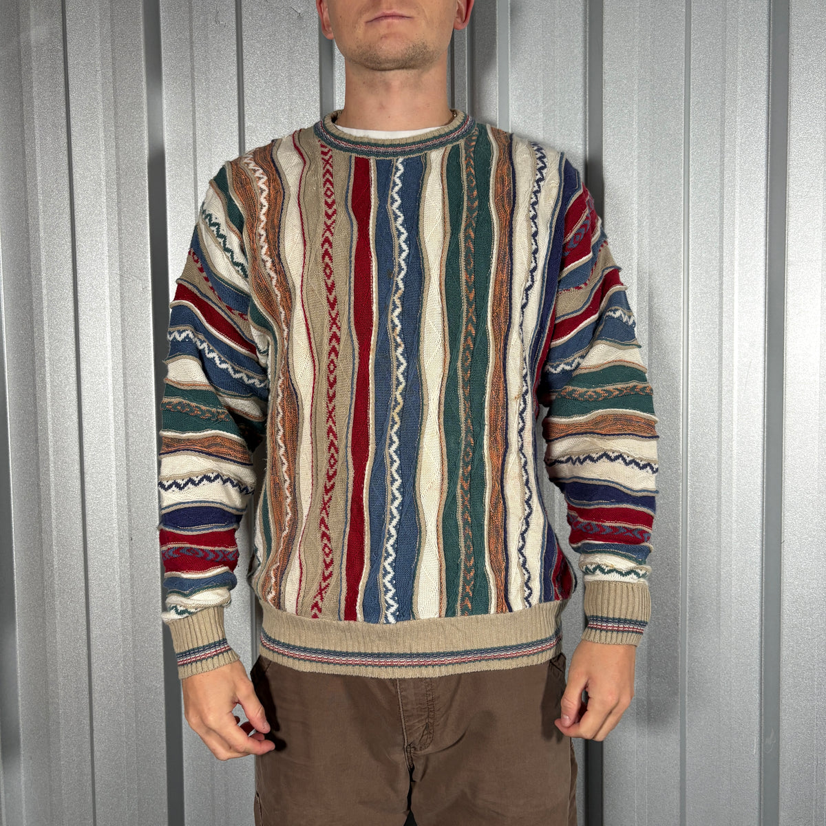 Coogi Style Cream Red Pattern Funky Knit Jumper - L