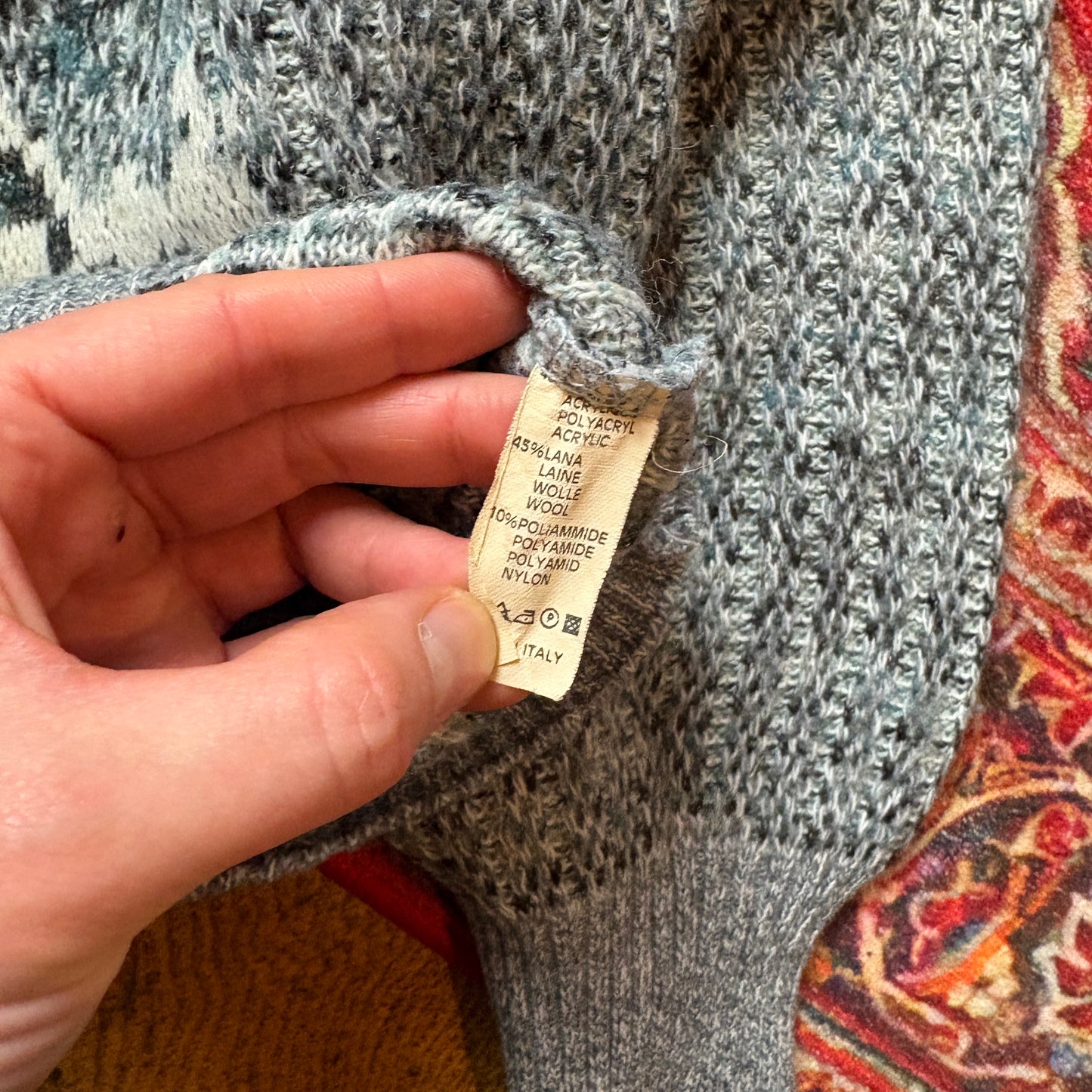 Vintage Blue Pattern Wool Chunky Knit Jumper - XL