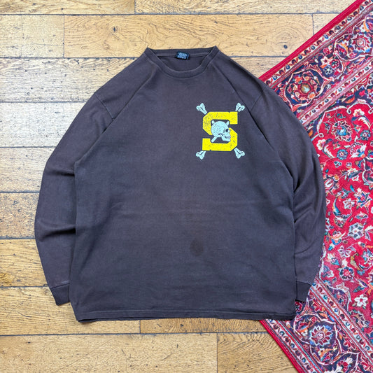 Vintage Stussy Brown Long Sleeve Graphic T-Shirt - XL