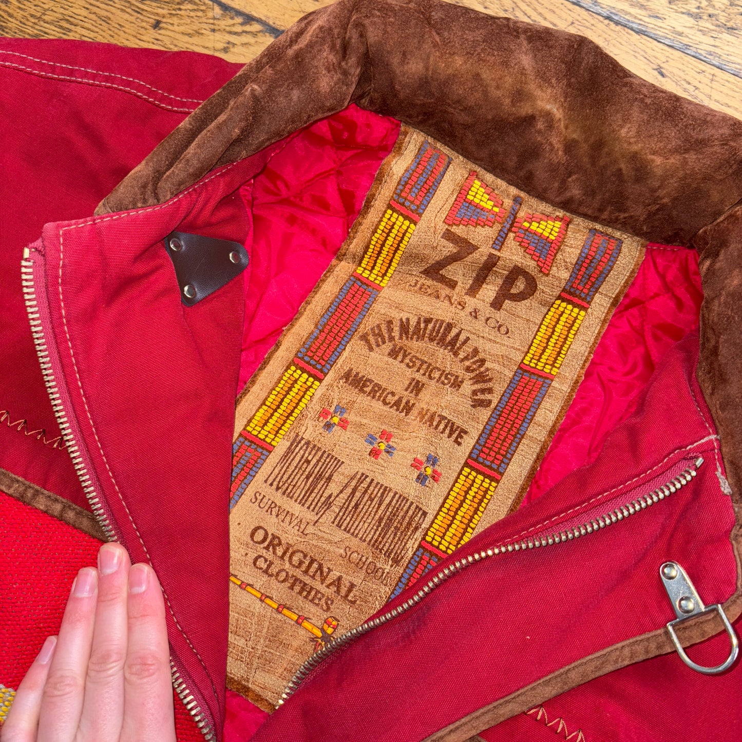 Vintage Zip Red Native American Fireman Clasp Quilted Jacket - XL