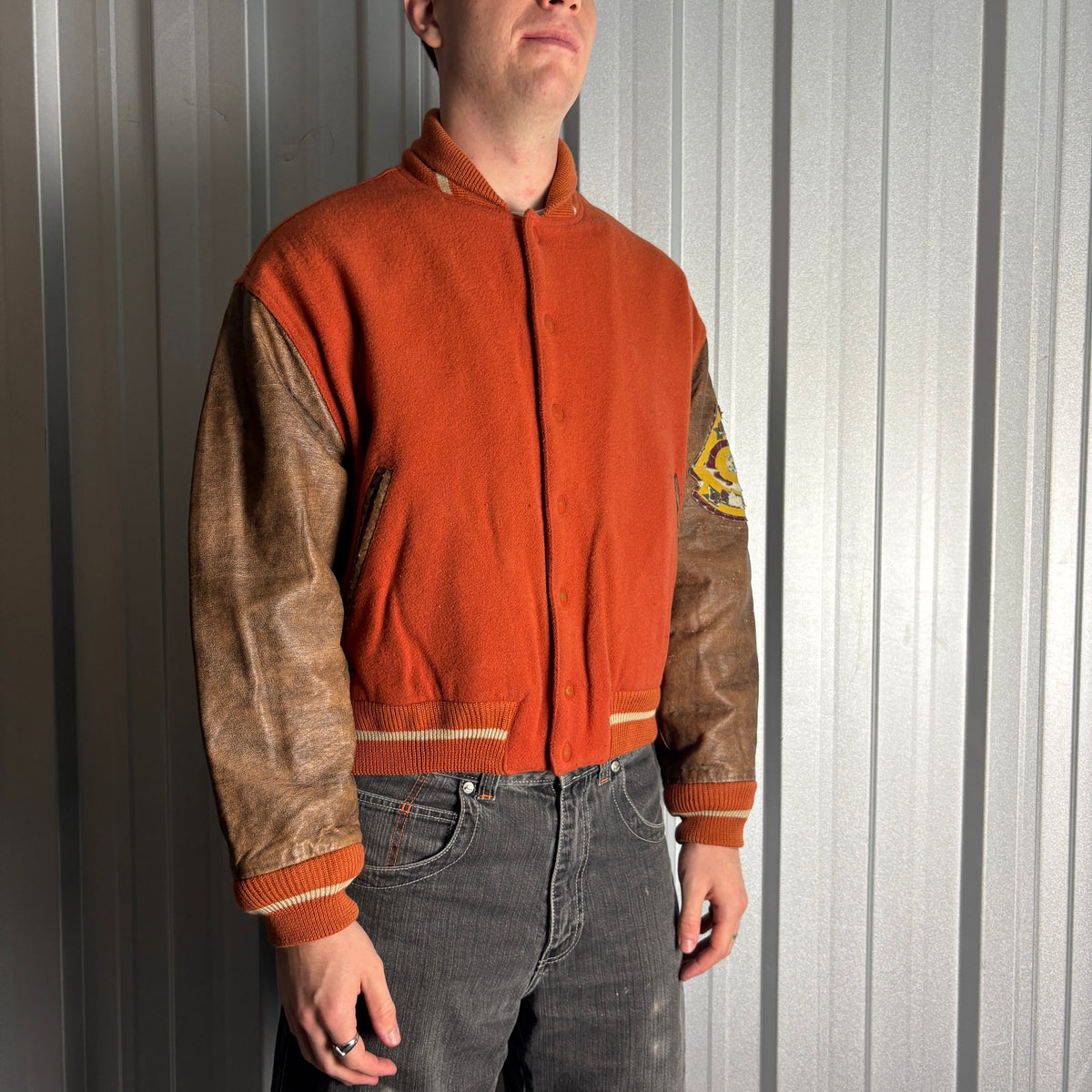 Vintage Converse 90s Orange Brown Wool Leather Varsity Boxy Letterman Jacket - L