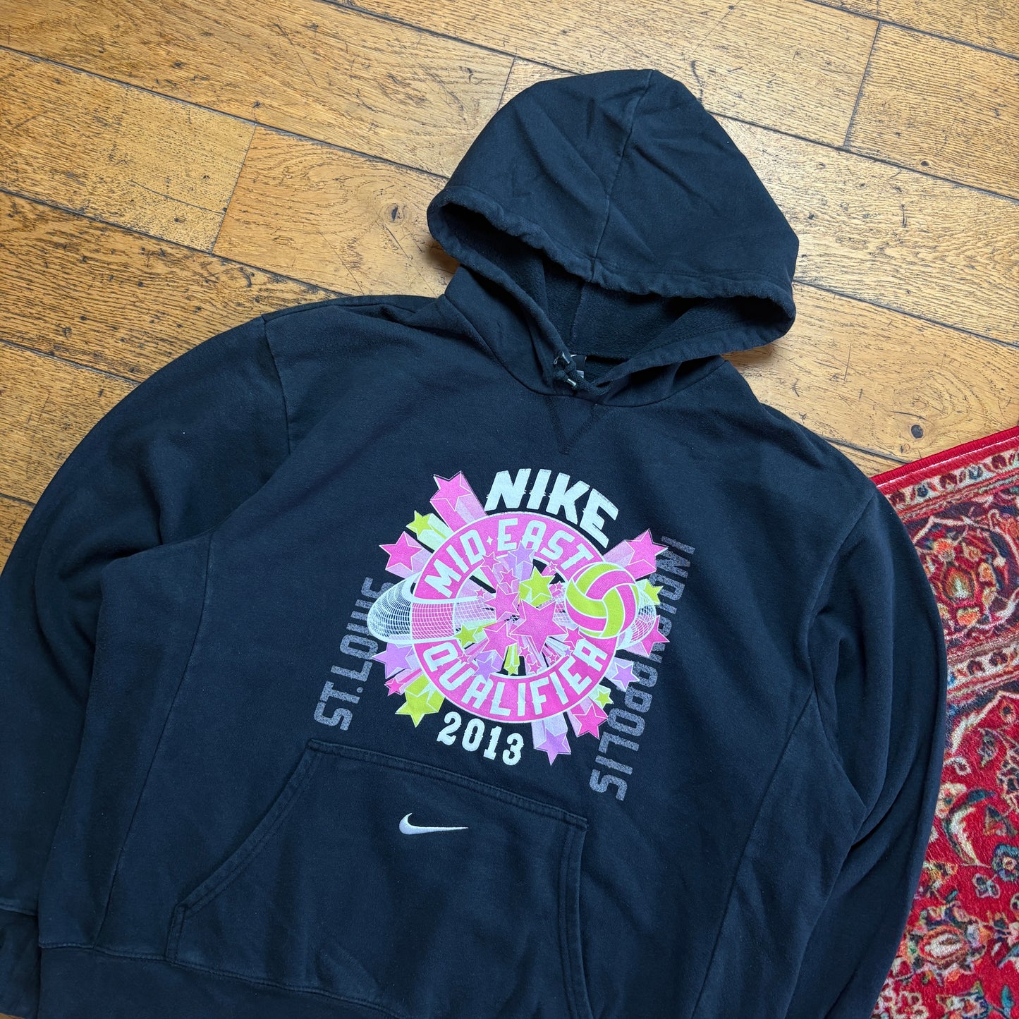 Vintage Nike Black Centre Swoosh Hoodie Embroidered Sweatshirt - L