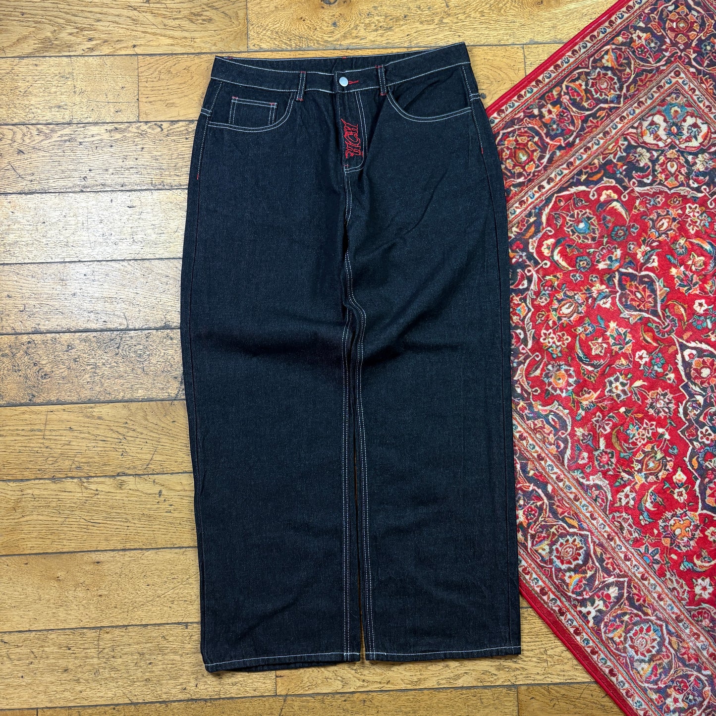 Vintage Black Embroidered Y2K Hip Hop Baggy Jeans - 36