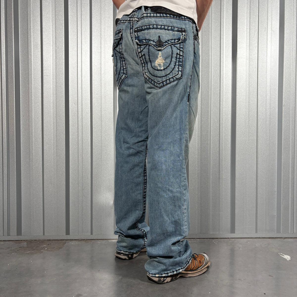 True Religion Ricky Super T Baggy Embroidered Bootcut Jeans Blue y2K - 38L