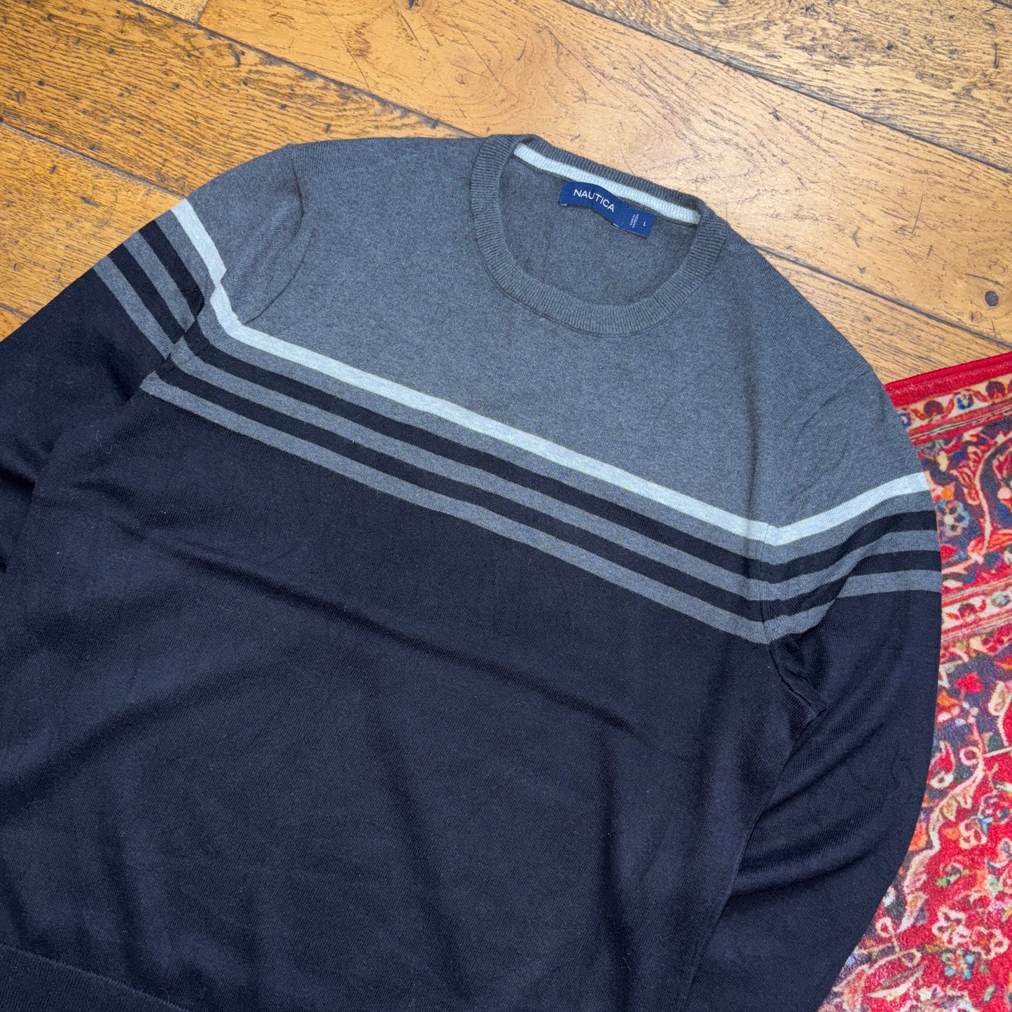 Vintage Nautica Black Grey Stripe Embroidered Knit Jumper - L