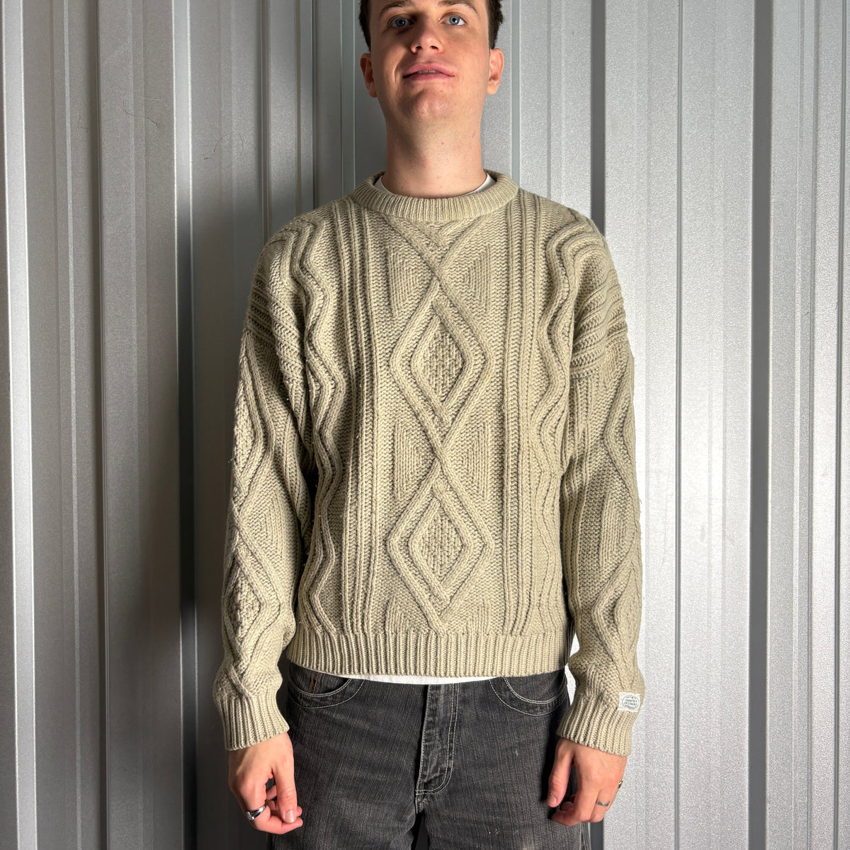 Vintage Levi's Cream Fisherman Cable Wool Blend Chunky Knit Jumper - L
