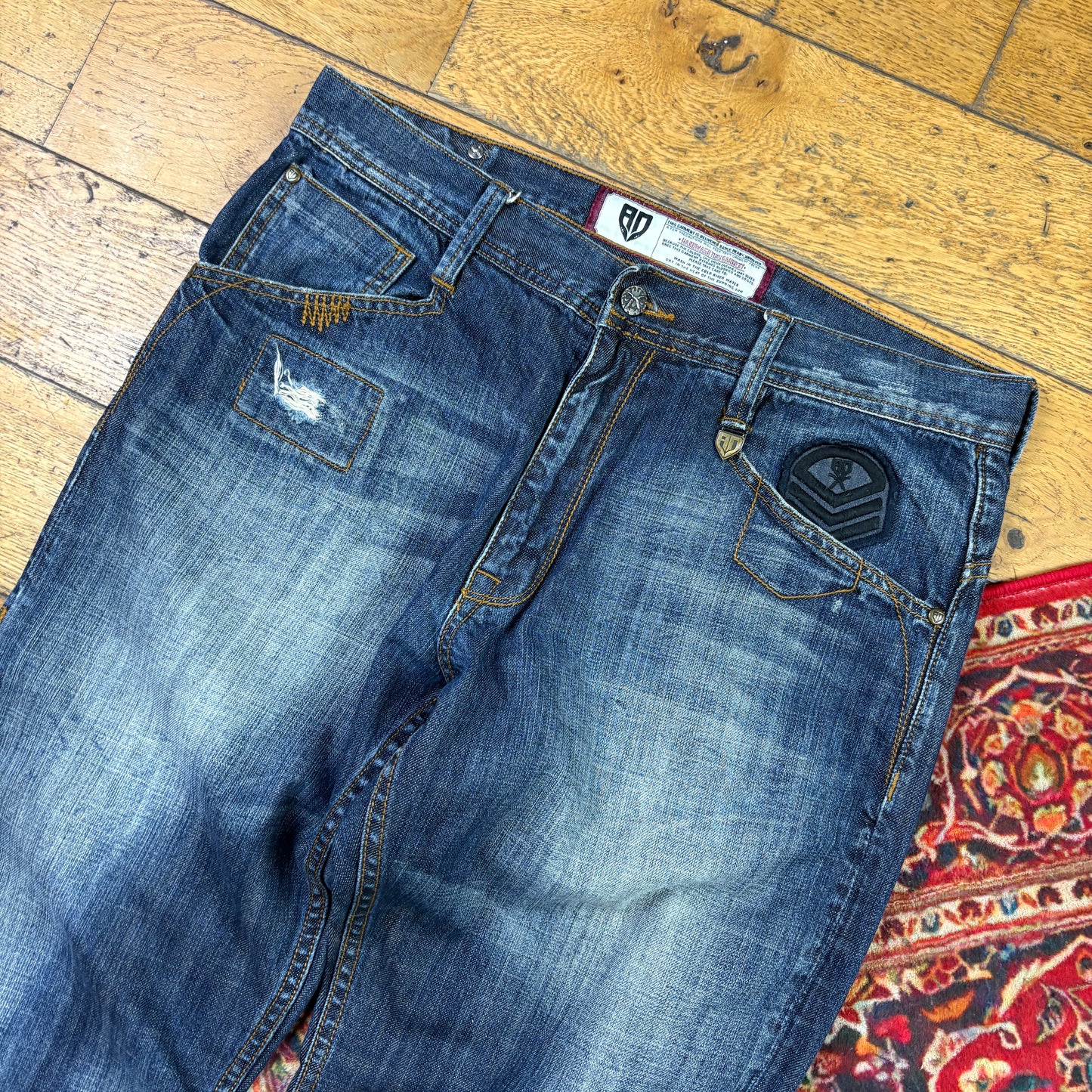 Vintage Artful Dodger Blue Embroidered Y2K Hip Hop Baggy Jeans - 36