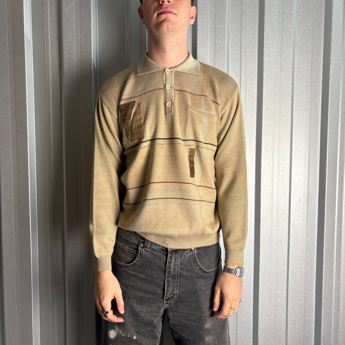Vintage Cream Rugby Polo Stripe Chunky Knit Jumper - M