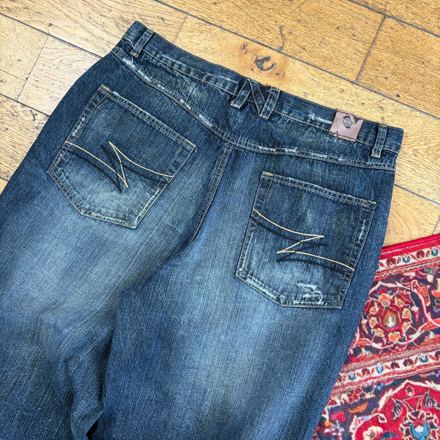 Vintage Noiz Jeans Navy Blue Embroidered Y2K Hip Hop Baggy Jeans - 38