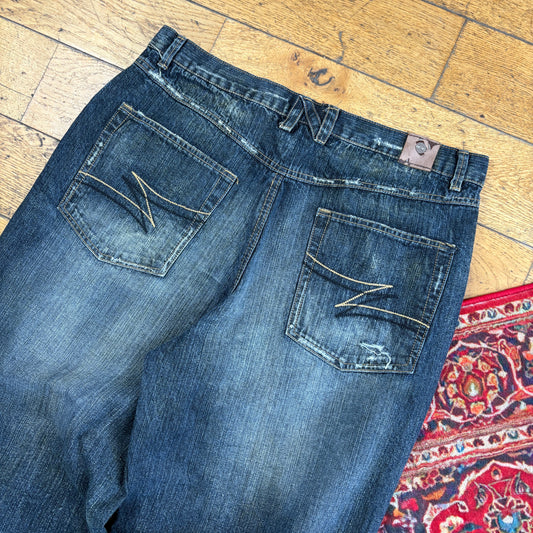 Vintage Noiz Jeans Navy Blue Embroidered Y2K Hip Hop Baggy Jeans - 38