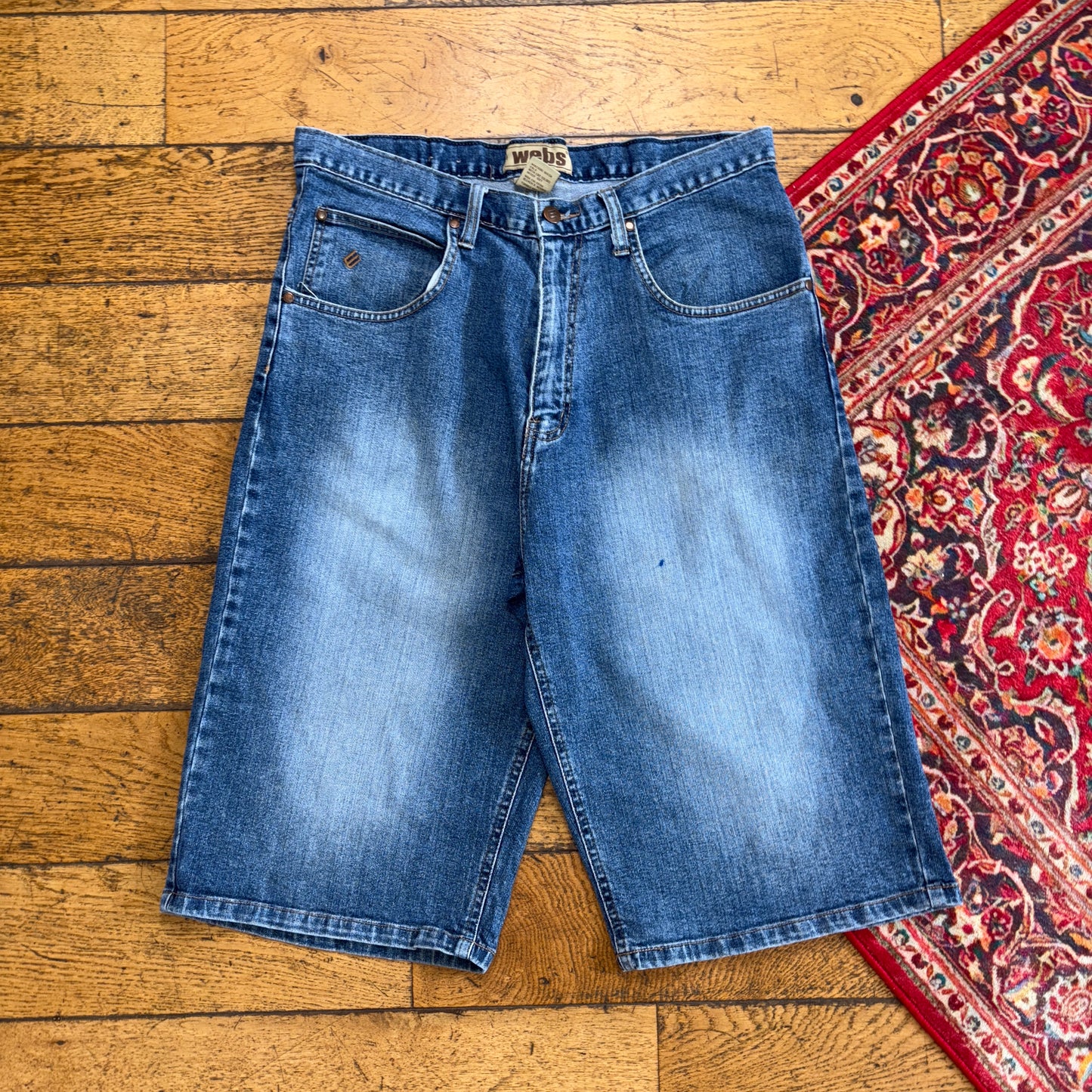 Vintage Webs Blue Embroidered Y2K Hip Hop Baggy Jeans Shorts Jorts - 34