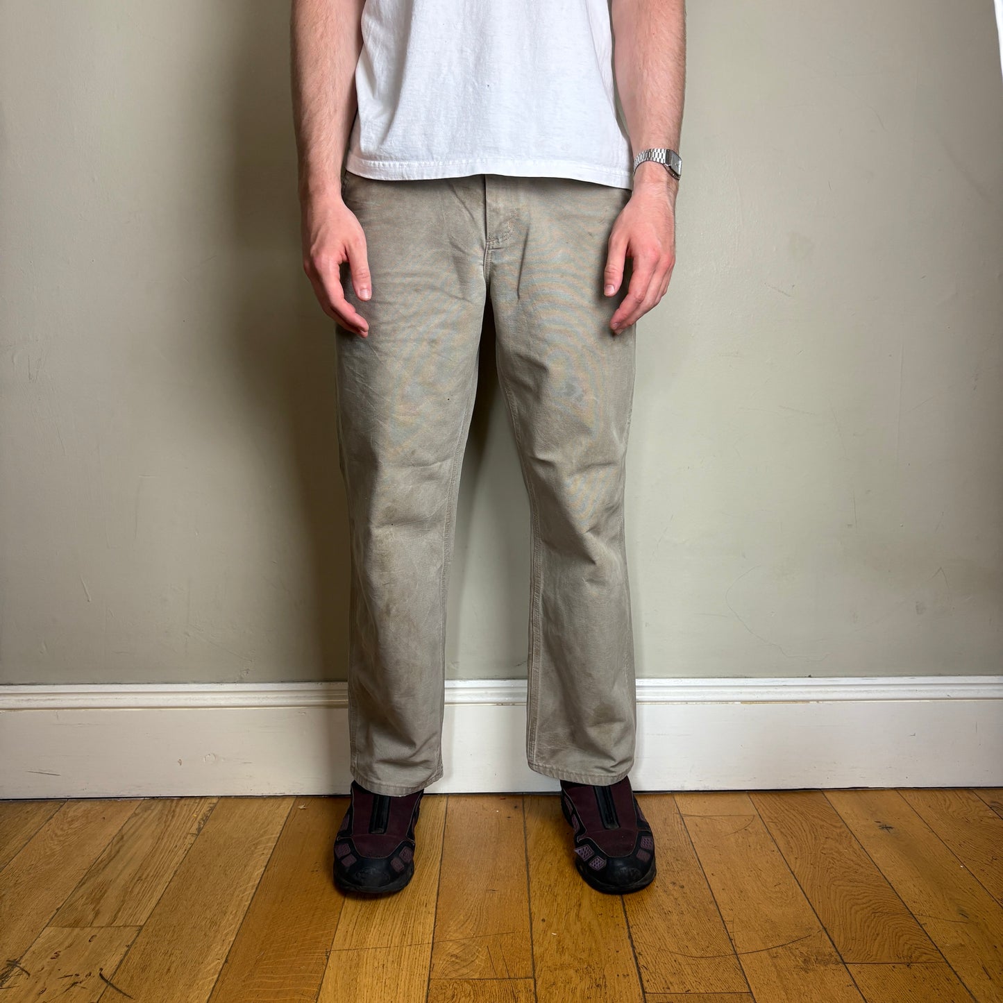 Vintage Carhartt Cream Brown Workwear Carpenter Baggy Trousers - 32S