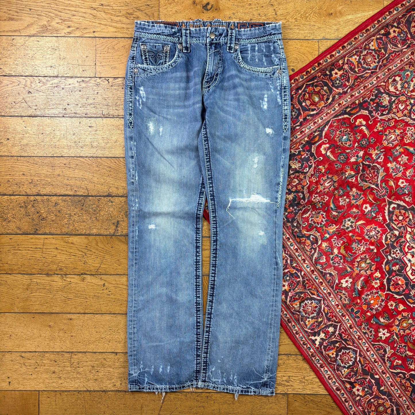 Vintage Rock Revival Blue Embroidered Y2K Hip Hop Straight Jeans - 38