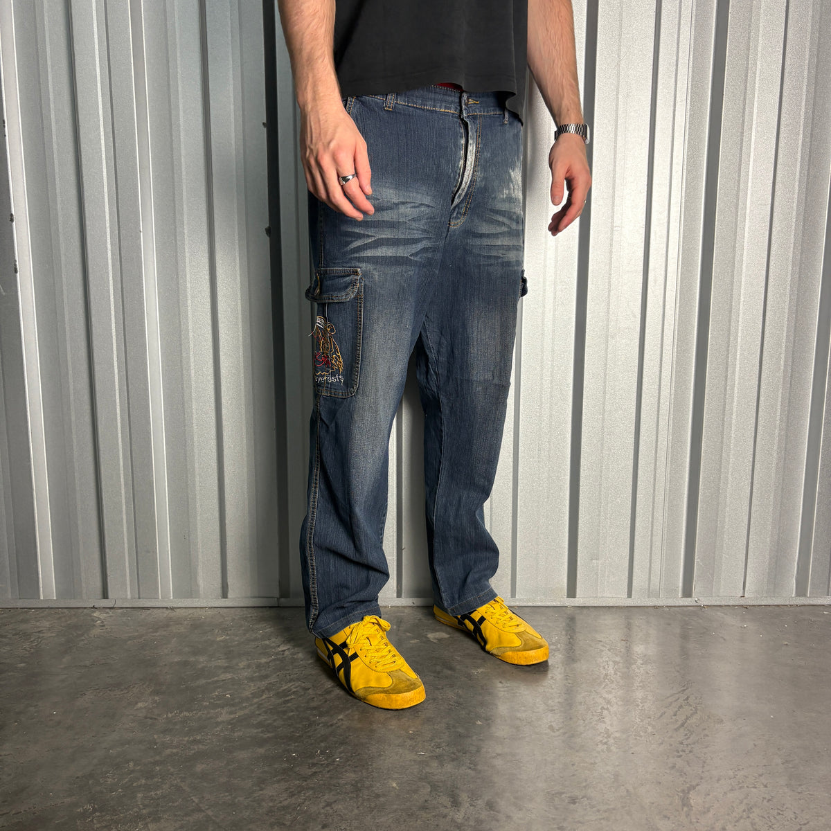 Embroidered Blue Tiger Cargo Japanese Denim Hip Hop Y2K Baggy Jeans - 36S
