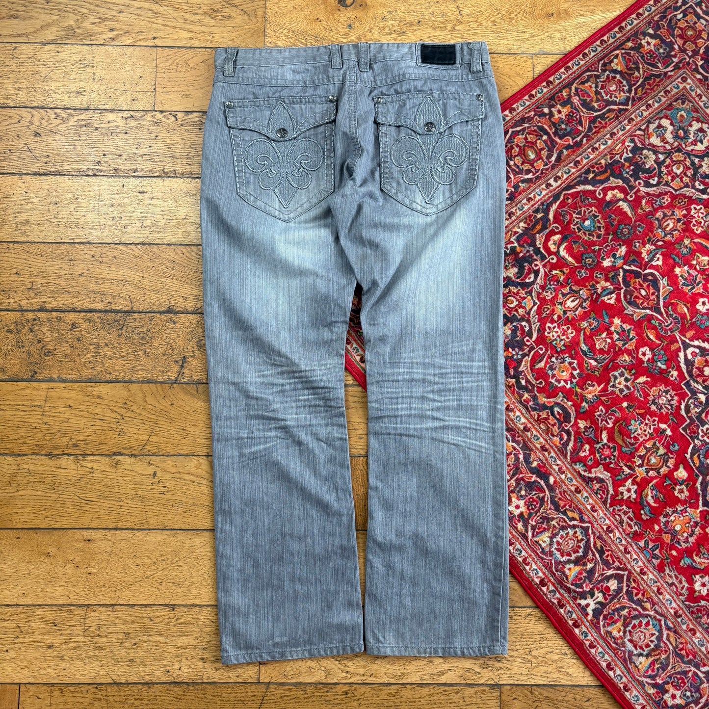 Vintage Grey Embroidered Y2K Hip Hop Baggy Jeans - 38