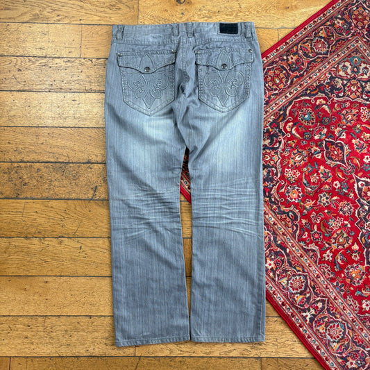 Vintage Grey Embroidered Y2K Hip Hop Baggy Jeans - 38