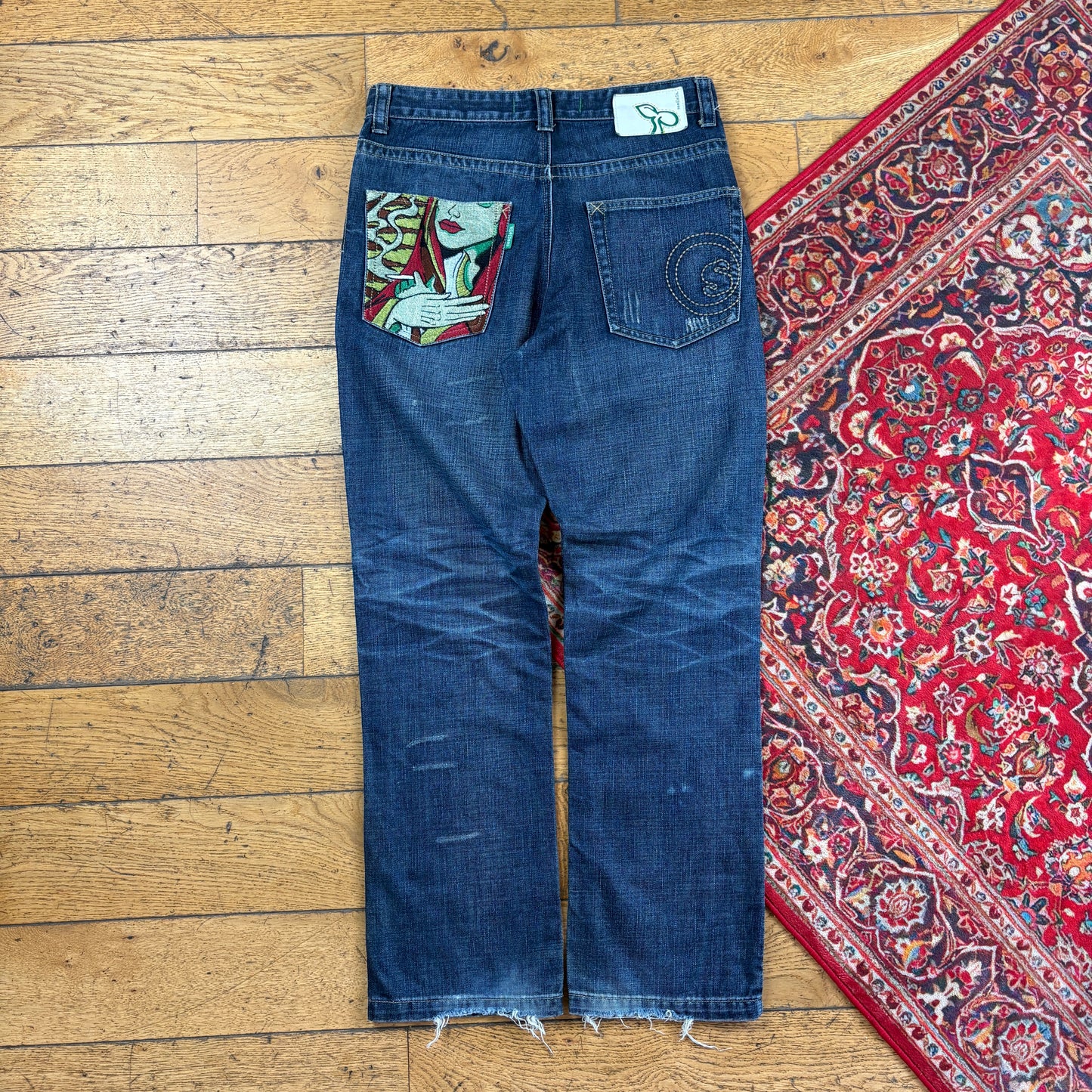 Vintage Seedless Blue Embroidered Y2K Hip Hop Straight Jeans - 32