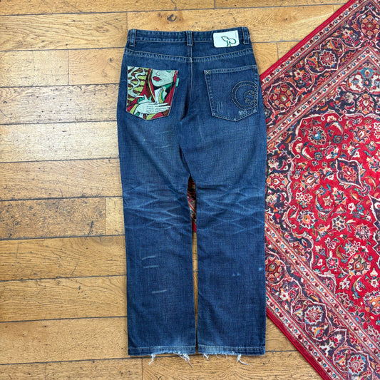 Vintage Seedless Blue Embroidered Y2K Hip Hop Straight Jeans - 32
